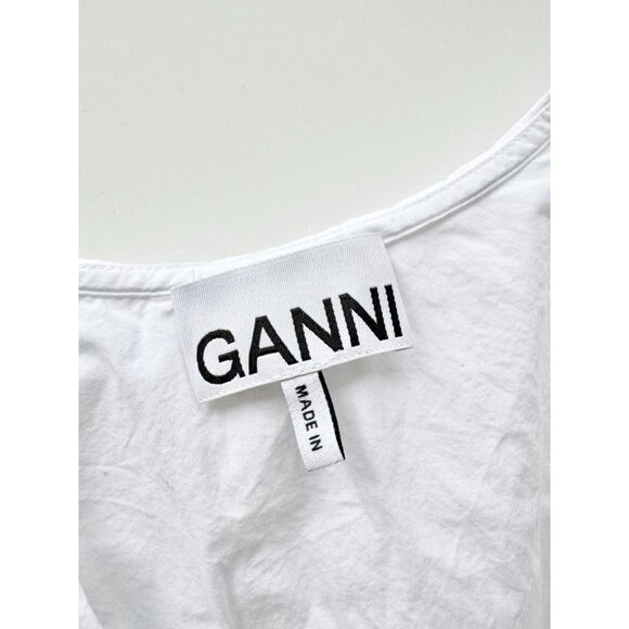 GANNI White Cotton Poplin V-Neck Frill Collar Button Up Shirt Blouse, Size 32/0 - Picture 13 of 16